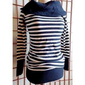 Cache Blue White/Metallic Gold Striped Ribbed Cowl Neck Sweater